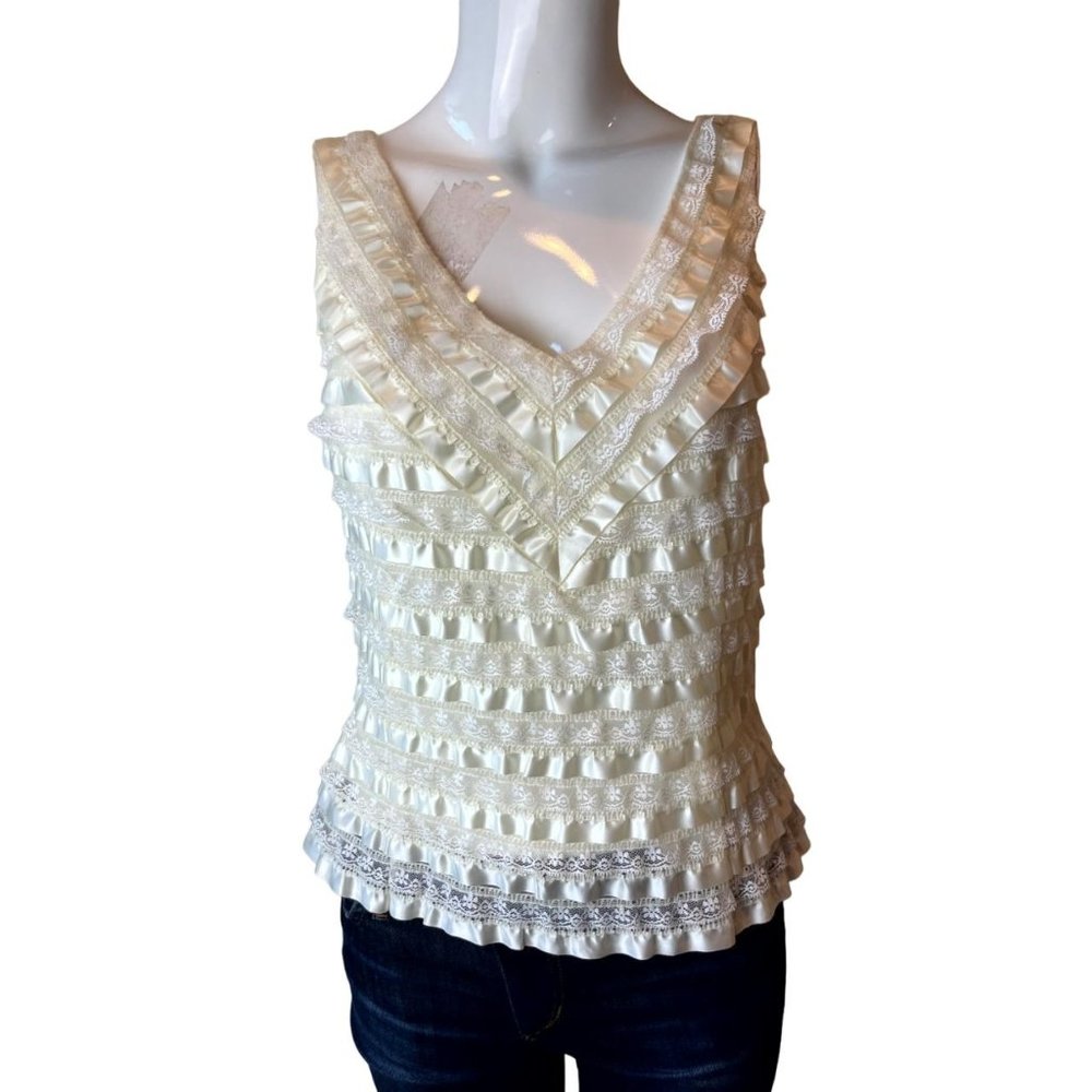 JS Women Ruffle Layered Tank Top Lace Detail V Neck Sleeveless Ivory Size 12
